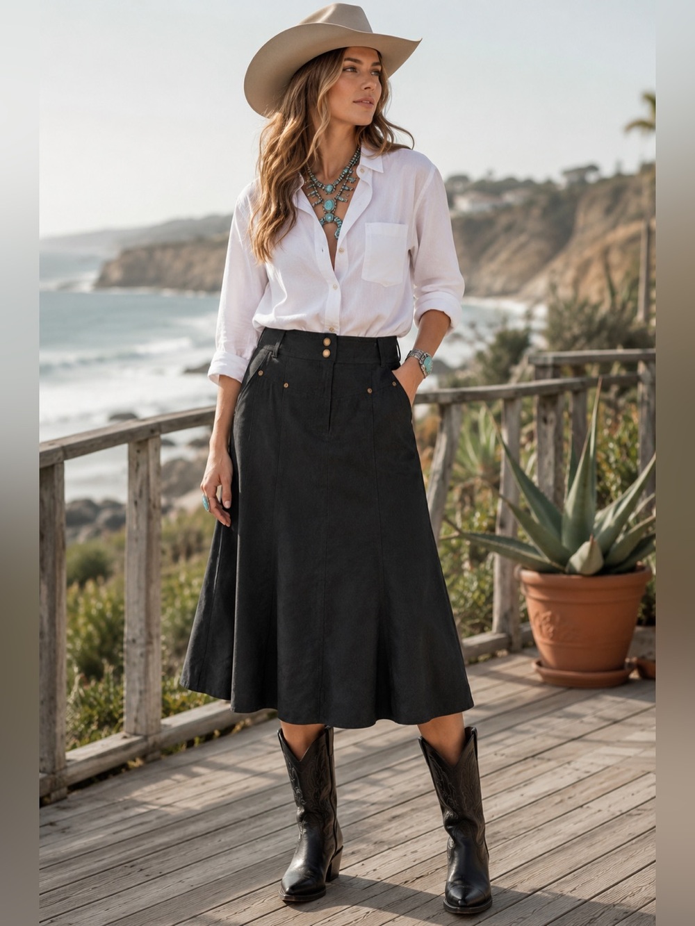 Larry Levine Black Faux Suede Western Midi Skirt | Coastal Cowboy | Size 10